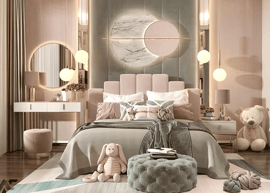 a-beautiful-kids-bedroom-with-a-bed-and-a-round-mirror-and-toys