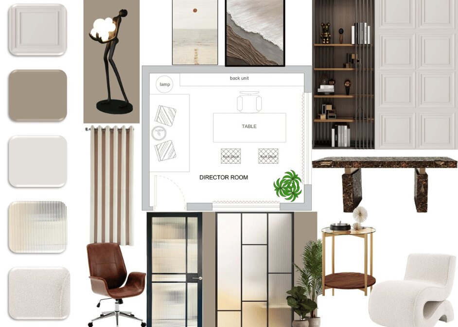 a-collage-of-office-room-furniture-and-blueprint