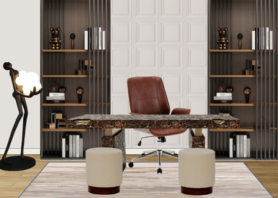 a-desk-with-a-chair-and-a-table-in-a-room-with-shelves