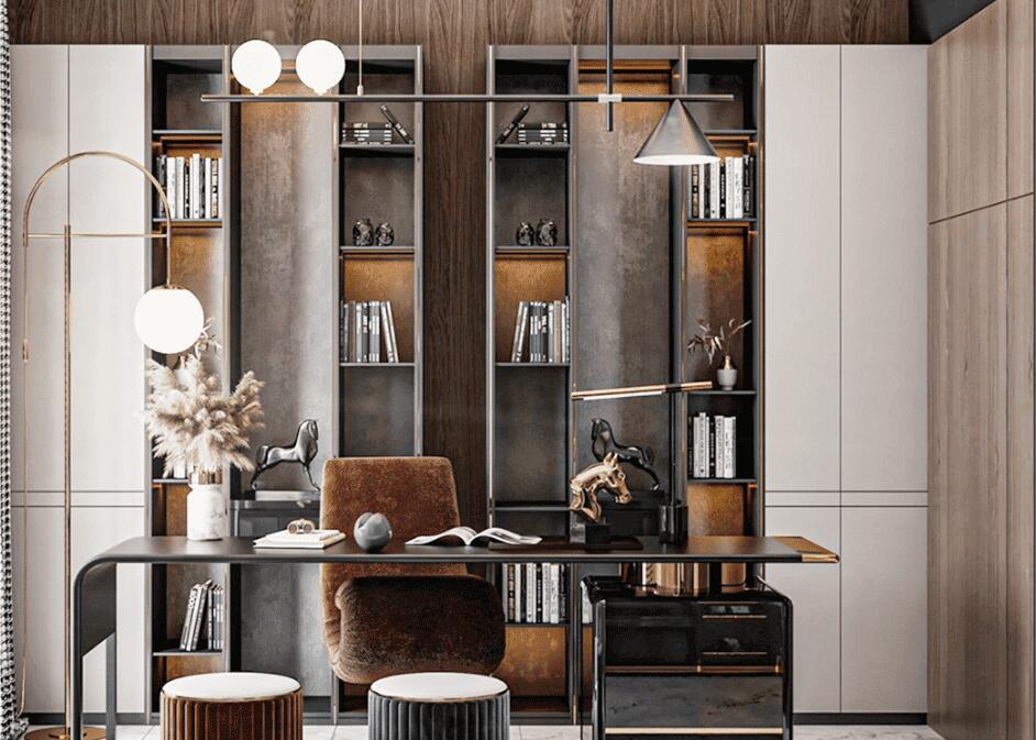 modern-office-space-witha-desk-with-a-chair-and-a-bookcase-in-the-background
