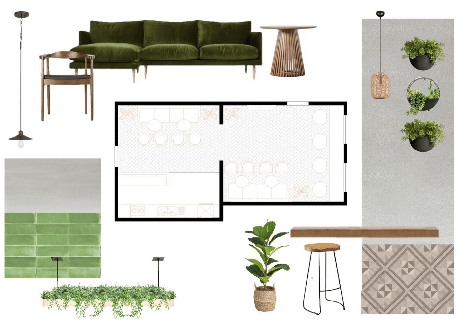 a-collage-of-boho-chic-interior-furniture-and-blueprint